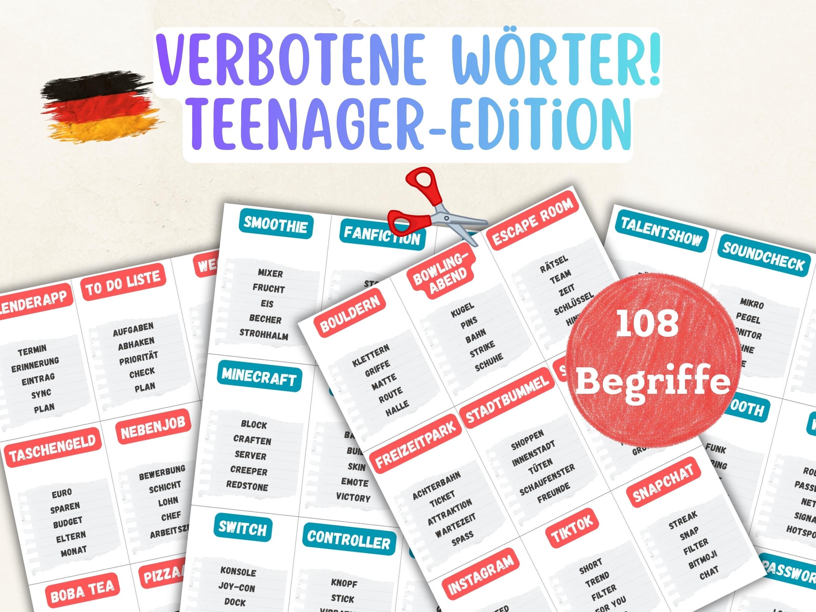 Verbotene Wörter! - Teenager Edition – 108 Begriffe | Partyspiel zum Ausdrucken | Sofort-Download PDF A4 | German