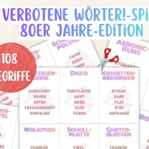 Verbotene Wörter! - 80er Jahre Edition – 108 Begriffe | Partyspiel zum Ausdrucken | Sofort-Download PDF A4 | German